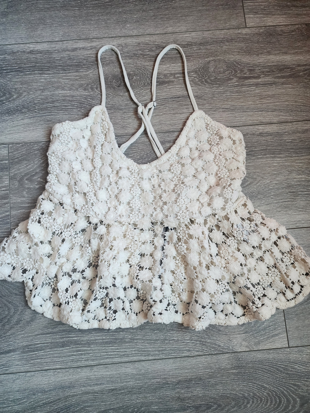 Lace Crochet Babydoll Cami Tank Top With Sheer Flared Flounce Size Large Boho